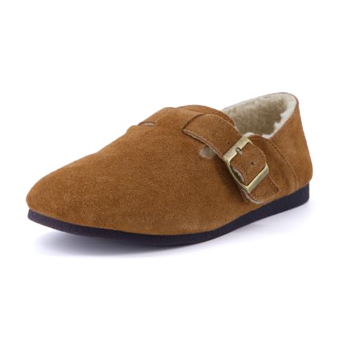Image of CUSHIONAIRE Women's Nest Genuine Suede Slip-On Shoe with Faux Shearling Lining & Memory Foam | Adjustable Buckle & Non-Slip Sole