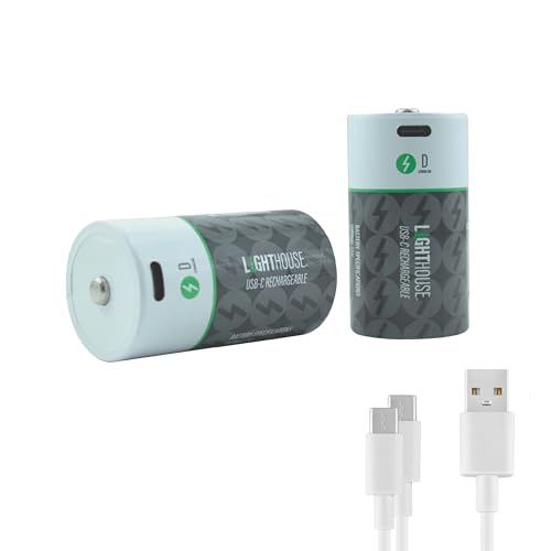 Lighthouse D Type USB-C Rechargeable Batteries Pack of 2 – 4800mAh Li-Ion 1.5V Battery Twin Pack with Fast 2.5h Charge, Up to 1200 Charge Cycles & Included Dual USB-A to USB-C Charging Cable