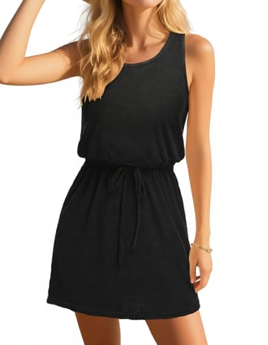 Talisea Badeanzug für Damen – Frottee-Strandkleid – Kordelzug ärmellos lässig Sommerkleid Taschen, Schwarz, Klein