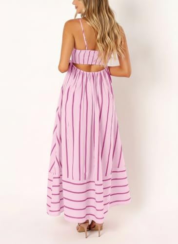 Image of chouyatou Women's Striped Back Smocked Maxi Dress Sexy Spaghetti Strap Cut Out Flowy Swing Long Dress