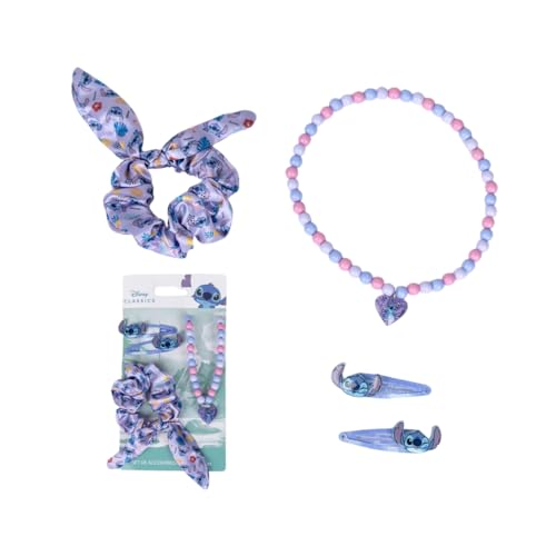 My sweety pop - Stitch - Set de accesorios para niña - 1 elástico para cabello, 2 pasadores, 1 collar - joyería y peluquería - azul y morado
