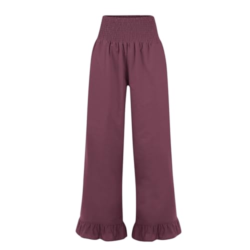 Image of Womens Linen Palazzo Pants Ruffle Hem Drawstring Boho Trousers Beach Travel Vacation Outfits