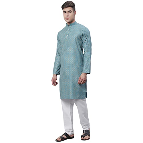 Image of SOJANYA (Since 1958 Men's Cotton Linen Blue Foil Printed Kurta and White Pyjama Set