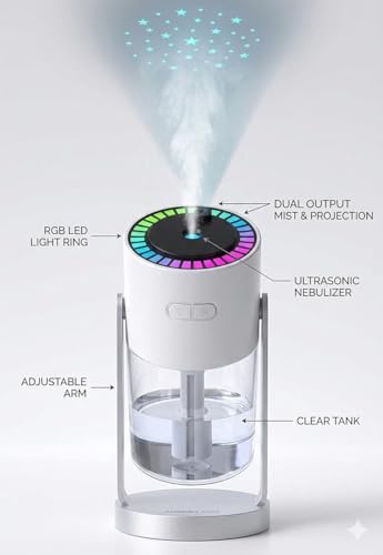 Image of Portable Starry Sky Projection Humidifier with Colorful LED Night Light, USB Mini Air Humidifier, 360 Rotating Nozzle, Ultra Quiet Cool Mist Humidifier for Bedroom, Office, Baby Room, Desktop (White)
