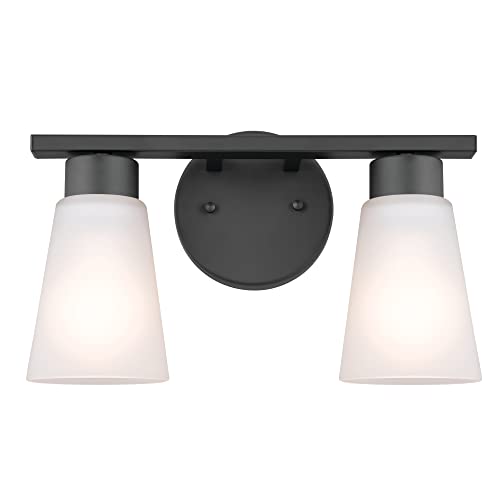 Image of Kichler Stamos 2-Light Bathroom Vanity Light Fixture with Satin Etched Glass Shades, Modern Wall Light in Black for over Mirror Lighting Installation, 13 in x 8 in x 5 in, 55120BK