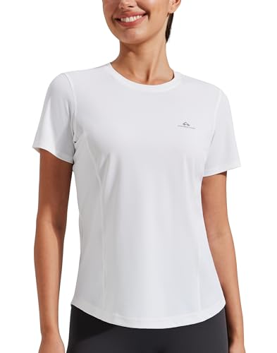 Tshirt Damen Schnelltrocknend Sport T Shirt für Damen Kurzarm Rundhals Einfarbig Laufshirt Oberteile UPF50+ Atmungsaktiv Funktionsshirt Yoga Top White M