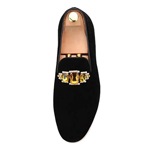 FERUCCI Handmade Men Black Velvet with Gold Crystal Brooch Slippers Loafers Flats
