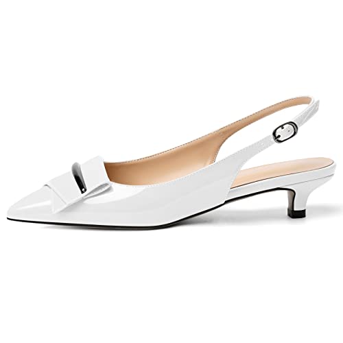 YODEKS Women's Slingback Low Kitten Heel Pumps Pointed Toe Heels Adjustable Strap Heeled Buckle Casual Wedding Shoes