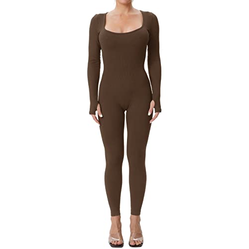Vertvie Sport Jumpsuit Damen Langarm Overall Yoga Anzug Workout Bodysuit Stretch Gerippte Seamless Bodycon Jumpsuit Eckigem Ausschnitt Sportanzug Einteiler(Braun,S) Cover