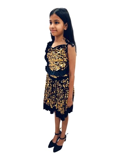 Image of BookMyCostume Western Dance Costume for Girls - Black & Golden Sequin Top and Skirt | Sleeveless Velvet Dress for Kids | Annual Day Dance Dresses & Fancy Dress for Stage Shows & Performances 4-5 Years