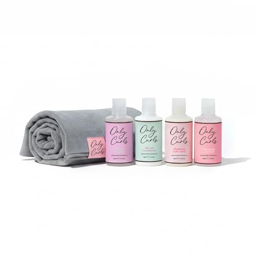 Only Curls Starter Pack & Microfibre Towel Curl Defining Mini Set Nourishing Shampoo Detangling Conditioner Curl Creme Enhancing Gel & Curly Hair Wrap Frizz-Free Travel Pack 100ml x4