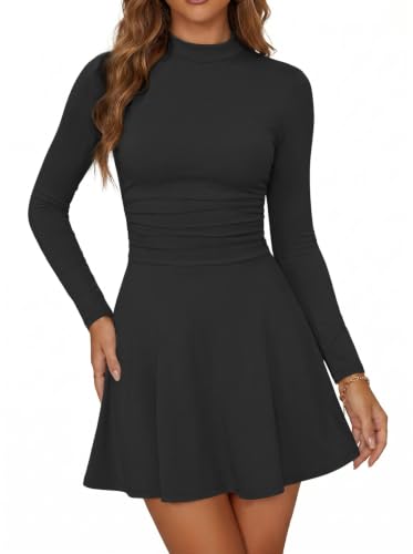Saodimallsu Damen Langarm Herbst Party Mini Kleid Schwarz M
