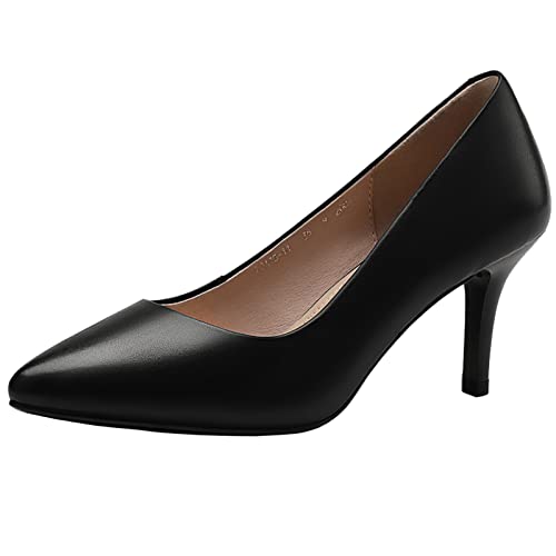 Jamron Femme Cuir Véritable 7CM Talons Hauts Élégant Escarpins Bout Pointu Bureau Chaussures de Travai Noir SN602C015-2 EU38.5