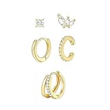 QKEPCY Pendientes Aro Circonita Brillante Chapado Oro 14k Conjunto Aros Pequeños Elegantes Joyería Mujer