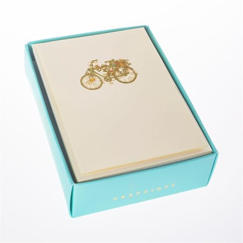 Image of Graphique Flower Bicycle La Petite Presse Boxed Notecards, 10 Embellished Gold Foil Blank Cards with Matching Envelopes and Storage Box, 3.25 inch x 4.75 inch