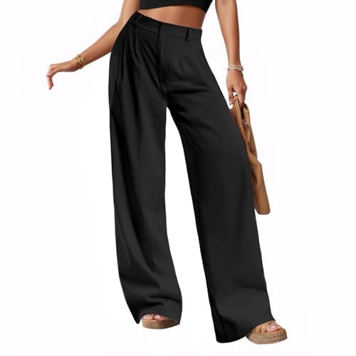 Glacspyg Damen Herbst und Winter Hohe Taille Freizeithosen Hochdichter Polyester Elasthan Stoff Business Arbeitshosen Glatte Elegante Weite Hosen mit Taschen Schwarz S
