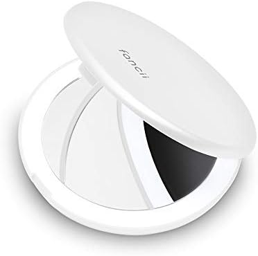 Fancii Lighted Pocket Magnifying Mirror with 1X / 10X Magnification, Natural LED Lights, Portable, Hand Held 4 inches Wide Compact Mirror for Ladies Purse - Lumi Mini (Silk White)