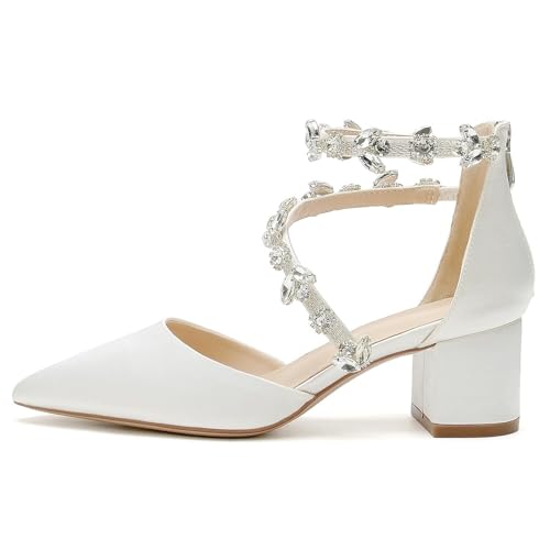 Women's Closed Pointed Toe Pumps Wedding Low Block Heel with Rhinestone Ankle Strap Chunky Heels Prom Evening Party Dress Shoes for Bride3