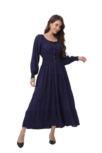 Image of OSTOO Women's 2026 Casual Long Sleeve Square Neck Smocked High Waist Flowy Maxi Dress,Boho Tiered Beach Party Dress