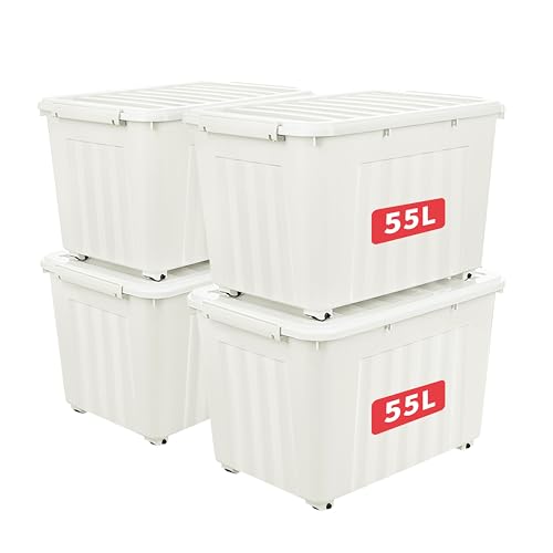 55Lx4 Scatole di Stoccaggio con Coperchi Contenitori plastica con Ruote Clip On Impilabili Incastonabili Organizzatore a Righe per Casa Ufficio Bianco 55L-4 Pezzi