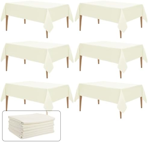 WIGENIUS 6 Pack Ivory Table Cloth Rectangle 60x84 Inch Polyester Tablecloths for 5ft Rectangle Tables - Reusable Wrinkle Resistant Washable Cloth Cover for Wedding Banquet Party | Hemmed Edges