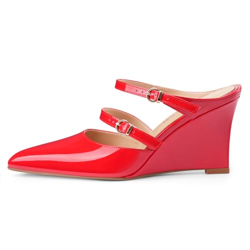 Oh Mispares Pointed Toe Heels Wedge Pumps for Women Slip-on 3 Inch Buckle Strap Patent Leather High Heels for Wedding Bridal Prom Dress Black2