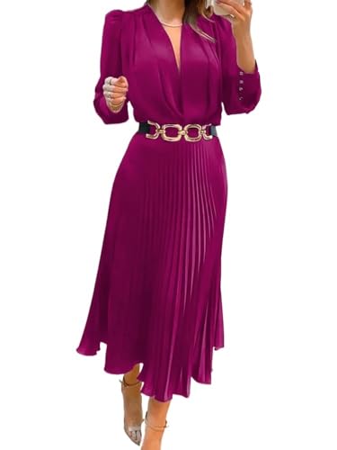 Rauuing Black Ankle Length Dresses Women V Neck Long Sleeve Loose Elegant Office Lady Fold Dresses