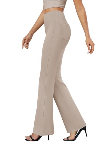 Womens Bootcut Dress Pants Business Casual Work Pants with Pockets High Waist Stretchy Trousers Pull On Office Slacks Taupe