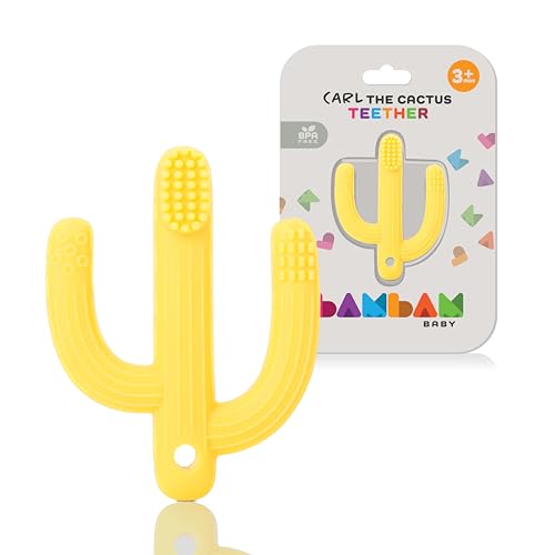 Image of BAMBAM Baby – Premium Silicone Teething Toothbrush Toy | 100% BPA Free, Child Safety Tested, for Baby & Infant 3-6 and 6-12 Months | Carl The Cactus Teether Toys (Mellow Yellow)