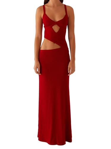 Image of Women Cut Out Maxi Dress Sleeveless Spaghetti Strap V Neck Backless Summer Bodycon Long Dress Party Dress