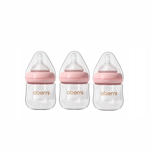 Image of Oberni Glass Baby Bottles,Anti Colic Breastfeeding Bottle with Natural Response Nipple Size S,Wide Neck Slow Flow Baby Bottle for Baby,Newborn,Preemie 0-3 0-6 Month,BPA Free (Pink, 4 Ounce,3 Pack)