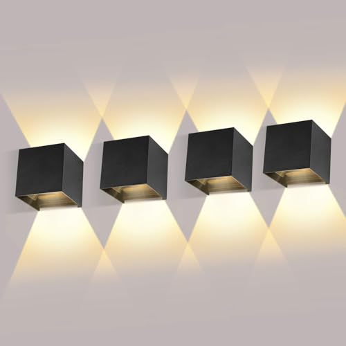 4 Stücke LED Wandleuchten Innen/Aussen Wandlampe 12W Auf und ab Einstellbarer Lichtstrahl LED Außenleuchten 2700-3000K Warmweiß Wandlampe LED IP65 Wasserdichte Wandleuchte Schwarz