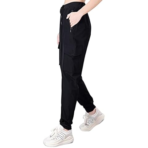 CACAKEE Women's cargo jogging bottoms, lightweight, quick-drying, hiking trousers, breathable, sporty, casual, outdoor workout trousers with zip pocket, black, M Cover