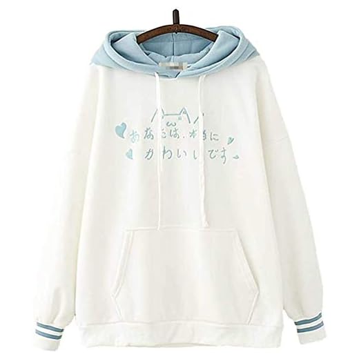Kvinnors Japanska Hoodie Girl's Japanese Word Text Broderad Hoodie Cute Cat Långärmad Två Stripes Hoodie, Blue Pink Cute Sweatshirt (Color : Blue, Size : One size)