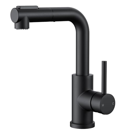 FORIOUS Modern Black Bar Sink Faucet Stainless Steel Single Handle Small Pre Kitchen Sink Faucet with Pull Out Sprayer 360 Swivel Spout L-Shaped Design Suitable for Camper Outdoor Bathroom RV