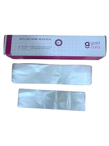 Image of Gold Cura Dental RVG Sleeves | RVG Sensor Sleeves | X-ray Sensor Protective Films | Compatible with Size 1, 1.5 & 2 | Dimensions: L 15.5 CM x W 4.5 CM | Pack of 500 Sleeves