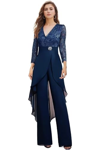 Mother of The Bride Pant Suits for Wedding Long Sleeve Chiffon Jupmsuit V Neck Pant Suits for Women