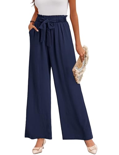 Buauty Wide Leg Palazzo Woman with Pockets High Waist Adjustable Knot Loose Trousers Business Casual Work Pants Dark Blue