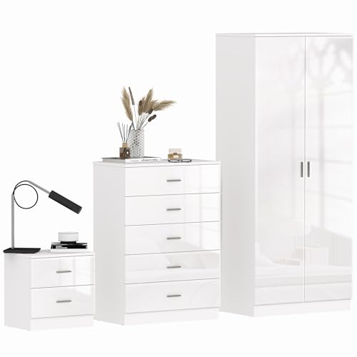 HOMCOM High Gloss 3 Piece Trio Bedroom Furniture Set Wardrobe + Chest Of Drawer + Bedside White