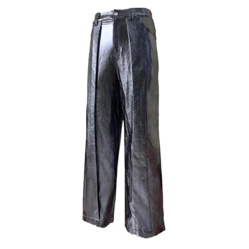 Hndudnff Men Long Loose Fit Pu Leather Pants High Waist Wide Leg Trousers European Casual Pants
