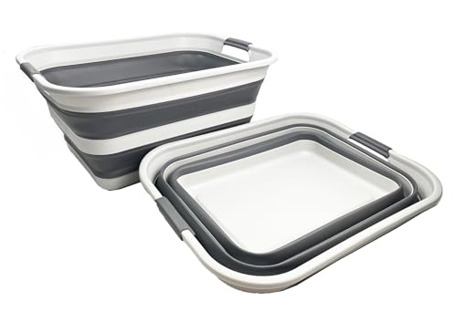 Image of SMMART Collapsible Plastic Laundry Basket with Handle /Foldable Pop Up Storage Hamper /Portable Laundry Organizer-Space Saving Washing Tub /Household Storage Supplies (Grey /Steel Grey, 42L (Set of 2))