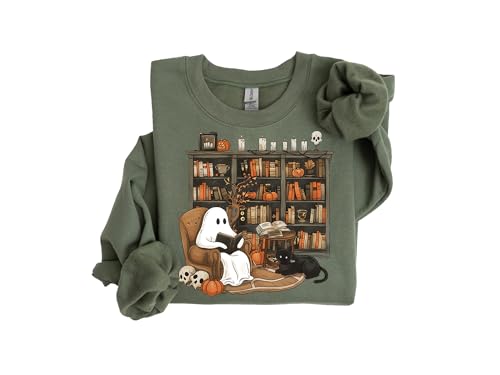 Ghost Reading Book Sweatshirt, Halloween Bookshelf Sweatshirt, Ghostly Bookish Hoodie, Black Cat and Book Sweatshirt, Cute Ghost Book Sweatshirt, Book Lover Halloween Sweatshirt.3