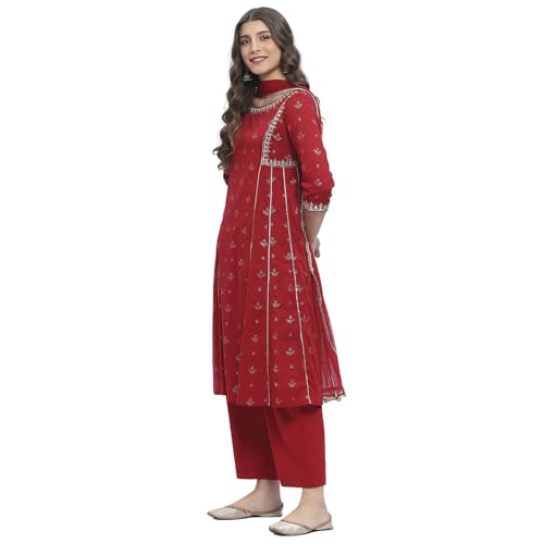 Image of Biba Women 100% Cotton 3 /4 Sleeve Round Neck Kalidar Printed Suit Set