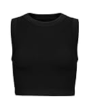 AUROLA Essentials Rib Seamless Sleeveless Tank for Women Subtle Logo Round Neck Active Workout Crop Top,Black,M