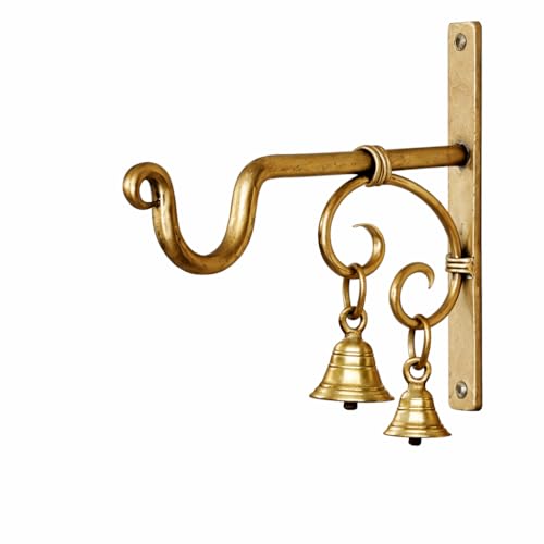 Image of Antique Brass Wall Bracket with Bells | 7.5 Inch Heavy Duty Wall Hanging Hook (Pack of 1) for Plants, Lanterns, Bird Feeders & Wind Chimes | Indoor Outdoor Decor