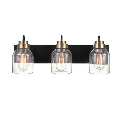 Globe Electric 63000200 22" 3-Light Vanity Light, Matte Black, Matte Brass Accents, Glass Shades, Beauty Room Accessories, Lights for Bathroom, Powder Room Lighting, Bathroom Lights Over Mirror
