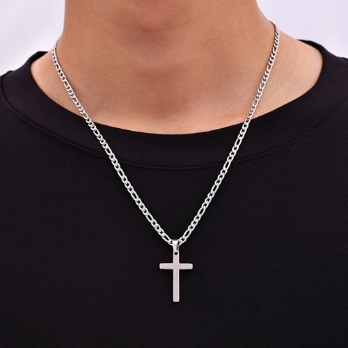 Fiusem Silver Tone Cross Necklace for Men, Stainless Steel Mens Cross Necklaces with 3.5mm Figaro Chain, Jewelry Gift Pendant Chain 16-24 Inches2