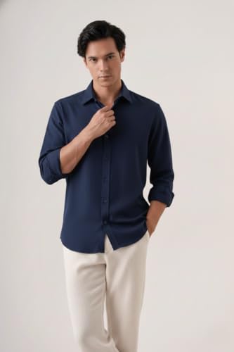 Image of CRYSTAL SKY Men Airy Linen Cotton Shirt Regular Fit Full Sleeves Solid Formal Shirt Stylish Daily Casual Office Wear