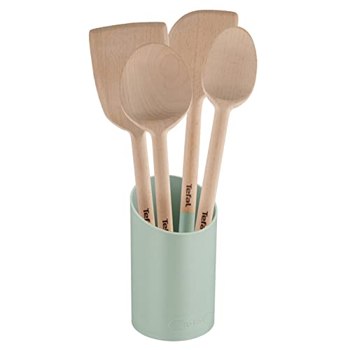 Tefal Natura K270S5 Lot de 5 ustensiles en bois : cuillère 28 cm, spatule d'angle 29 cm, plat 28 cm, 29 cm et support, certifié FSC, anti-rayures et...