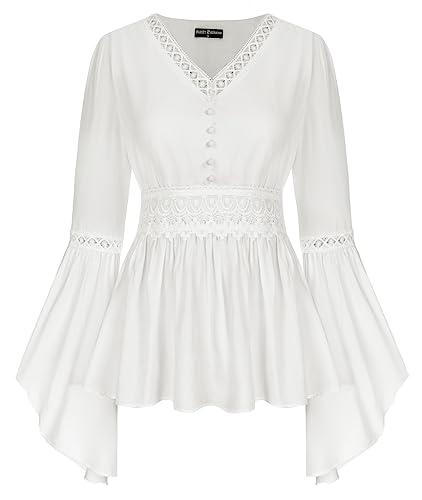 SCARLET DARKNESS Damen Viktorianische Bluse Lange Glockenärmel Gesmokte...